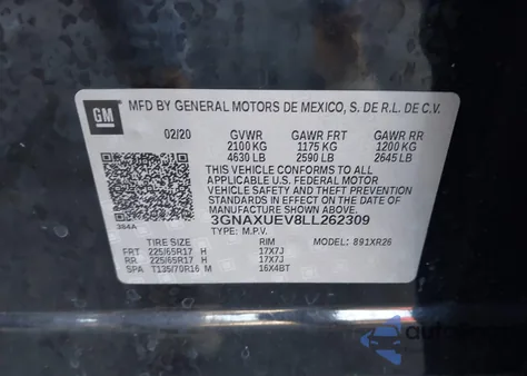 2020 Chevrolet Equinox Awd Lt 1.5L Turbo z USA, uszkodzony, nr VIN 3GNAXUEV8LL262309